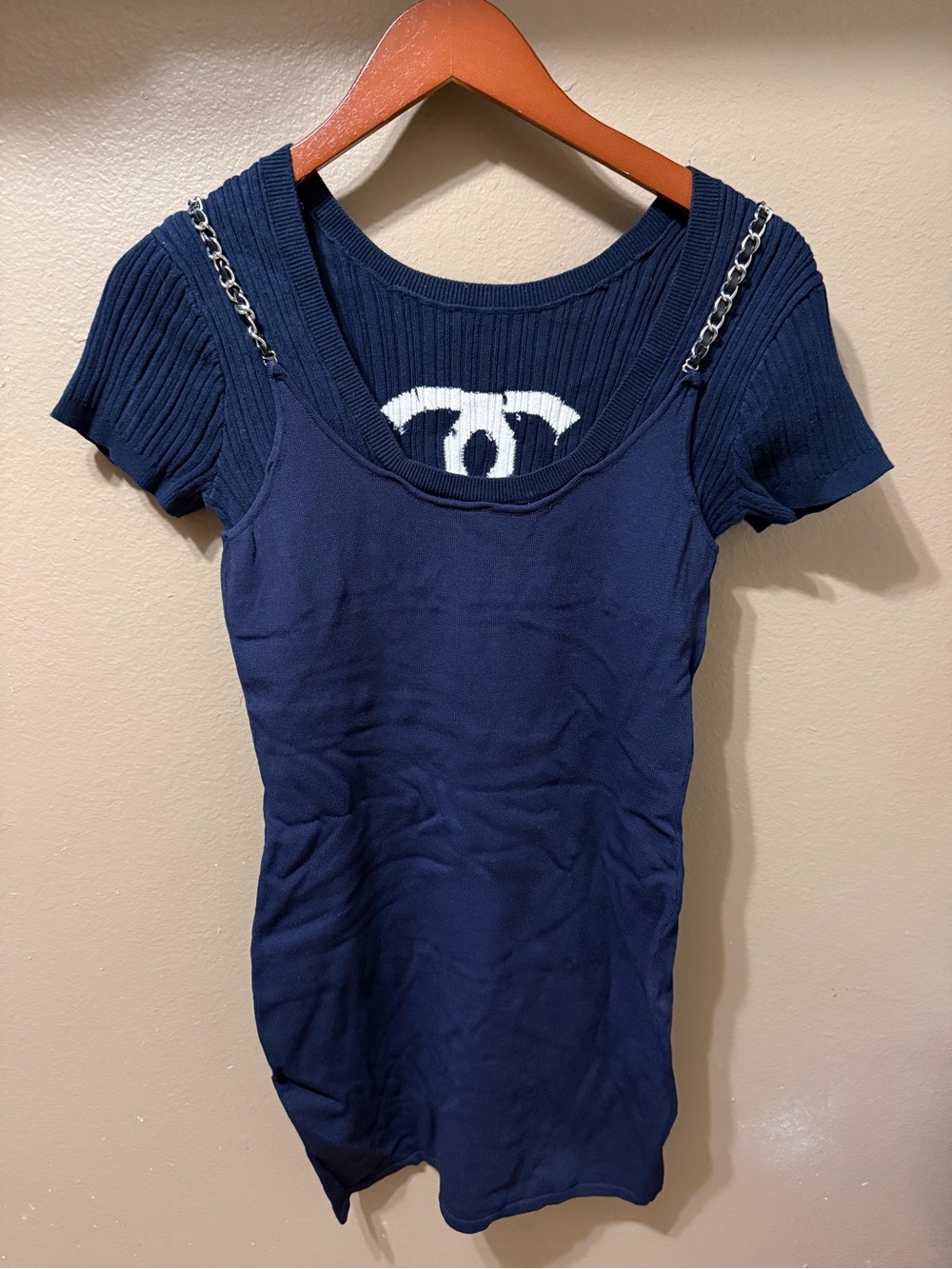 Navy Knit Layered-Look Mini Dress with Chain-Strap Detail (One Piece)
